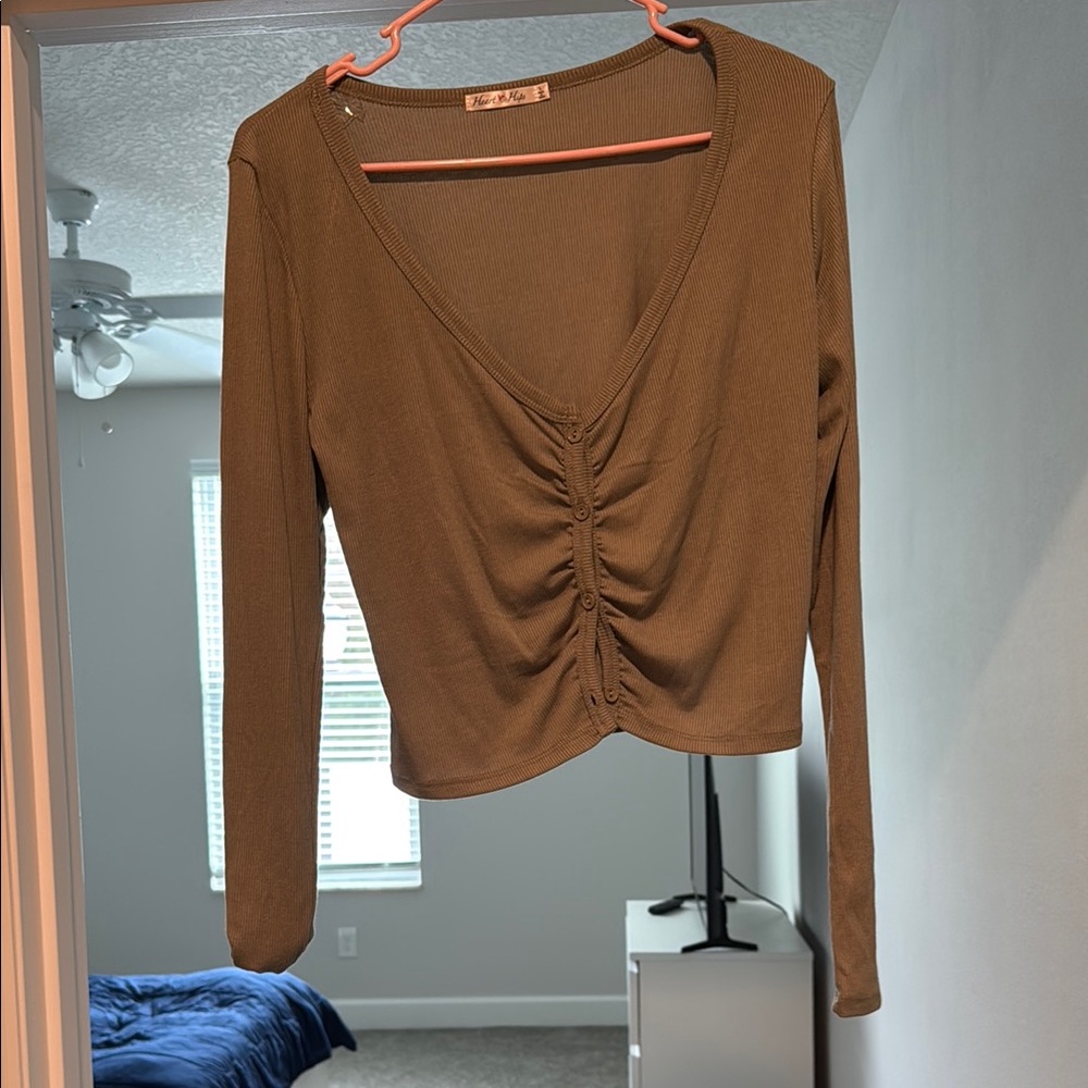 Heart Hips Brown Long Sleeve Ruched Blouse